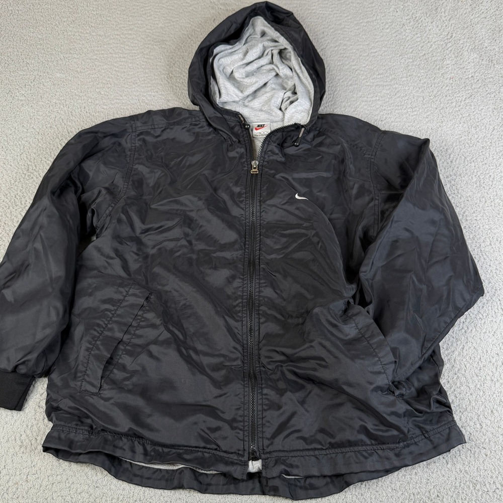 Nike Windbreaker Kids Size M 8-10 Black Full Zip Hooded Jersey Lined Jacket Logo